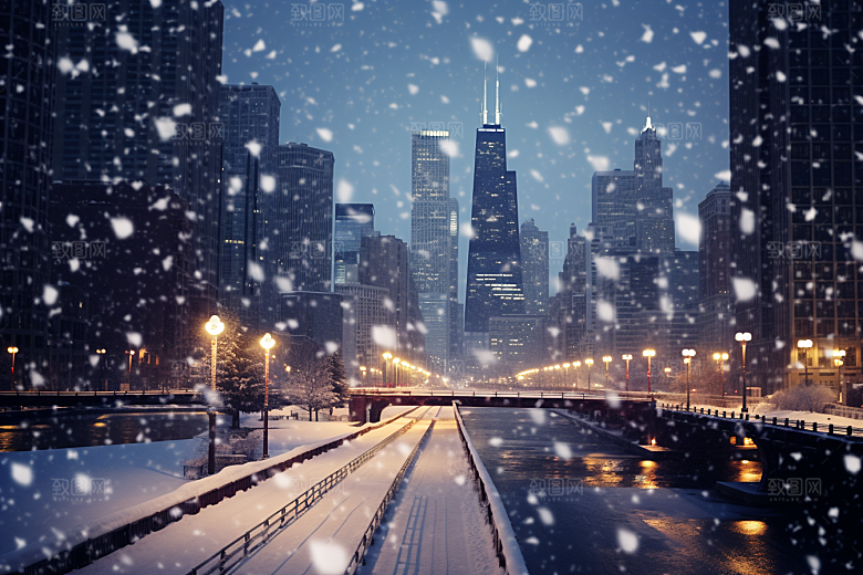 城市雪景建筑雪夜原画