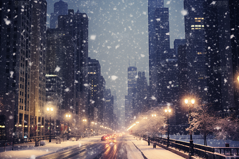 城市雪景雪夜静谧原画