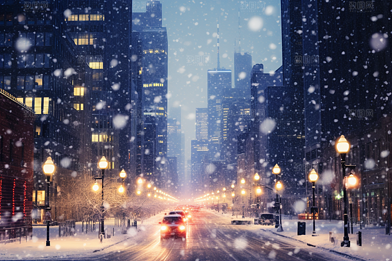 城市雪景城市街道建筑原画