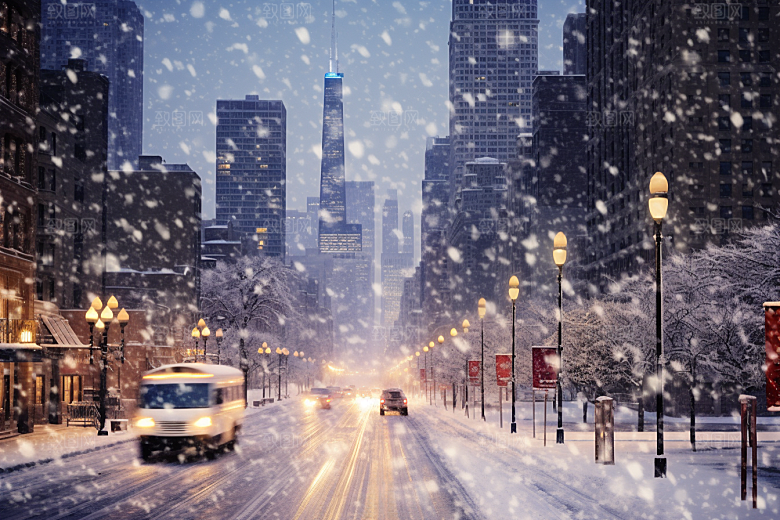 城市雪景下雪的都市城市街道原画