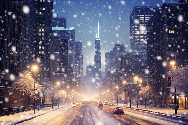 城市雪景高清下雪的都市原画