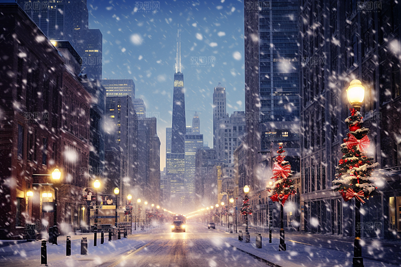 城市雪景建筑城市街道原画