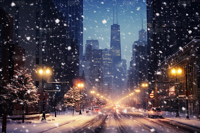 城市雪景城市街道雪夜原画