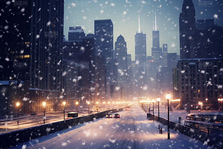 城市雪景建筑雪夜原画