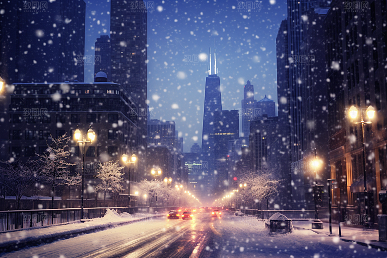 城市雪景城市街道雪夜原画