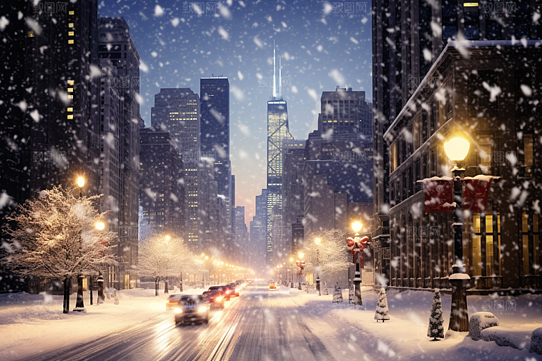 城市雪景建筑雪夜原画