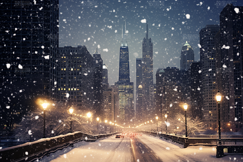 城市雪景城市街道雪夜原画