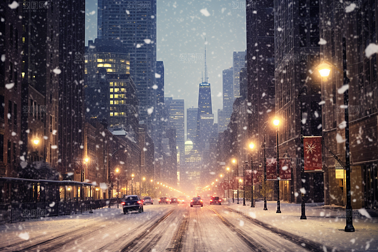 城市雪景静谧建筑原画