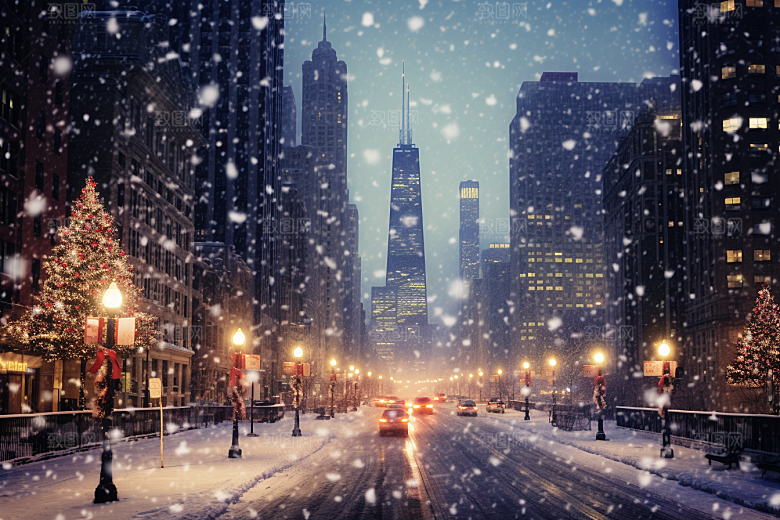 城市雪景城市街道雪夜原画
