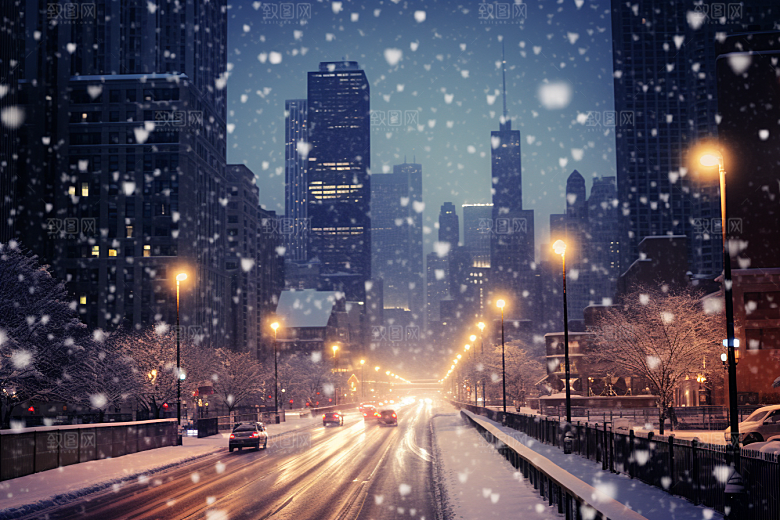 城市雪景雪夜静谧原画