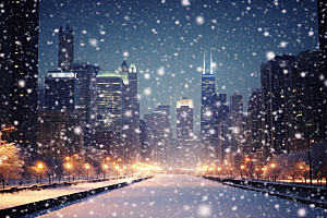 城市雪景城市街道下雪的都市原画