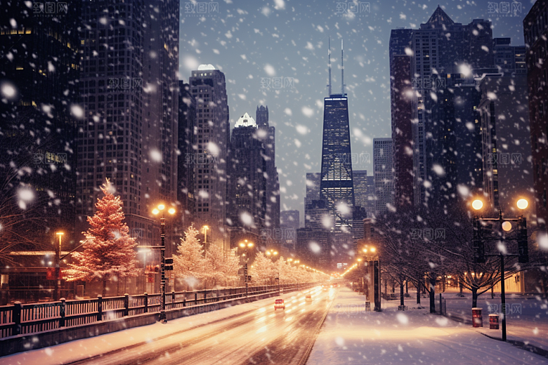 城市雪景城市街道雪夜原画
