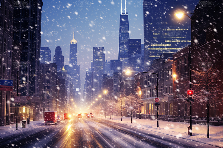 城市雪景静谧建筑原画