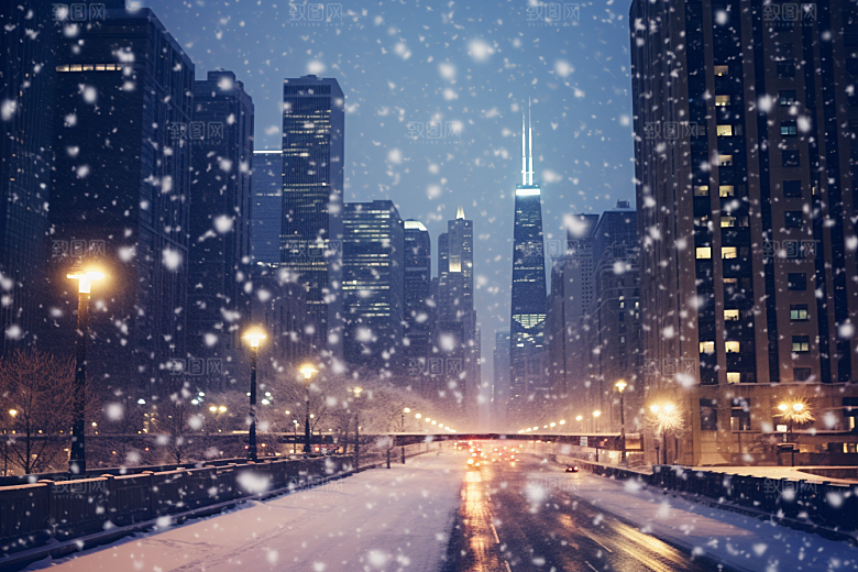 城市雪景城市街道下雪的都市原画