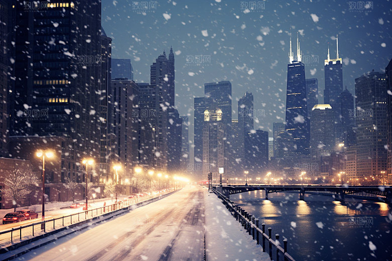 城市雪景静谧下雪的都市原画