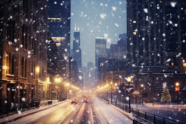 城市雪景雪夜城市街道原画