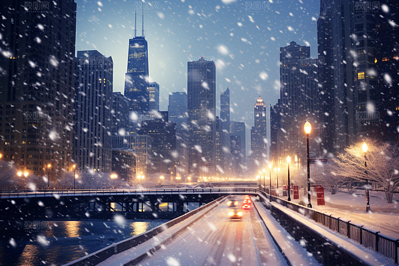 城市雪景静谧建筑原画