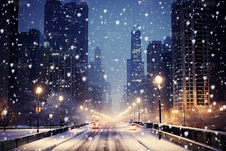 城市雪景下雪的都市城市街道原画