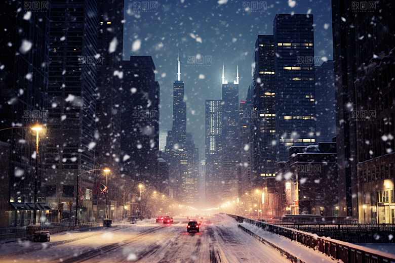城市雪景城市街道静谧原画