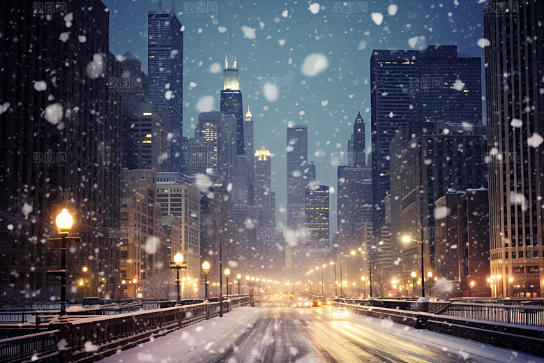 城市雪景建筑城市街道原画