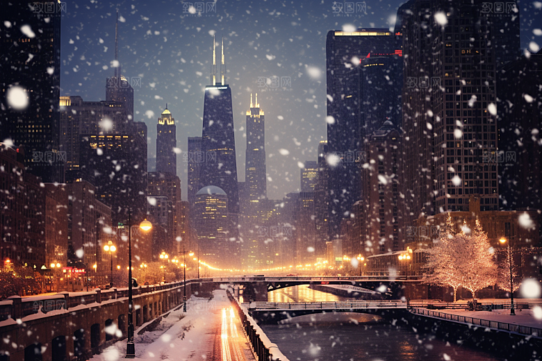 城市雪景静谧雪夜原画