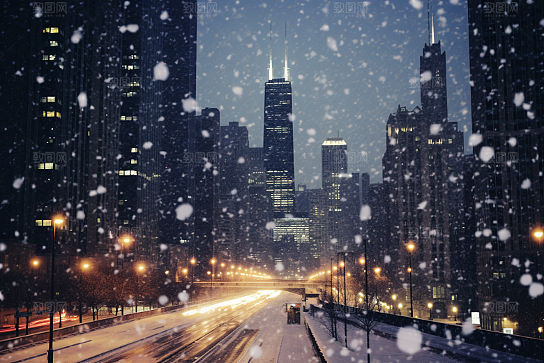 城市雪景城市街道雪夜原画