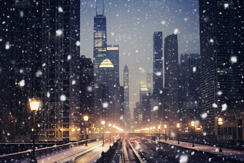 城市雪景雪夜建筑原画