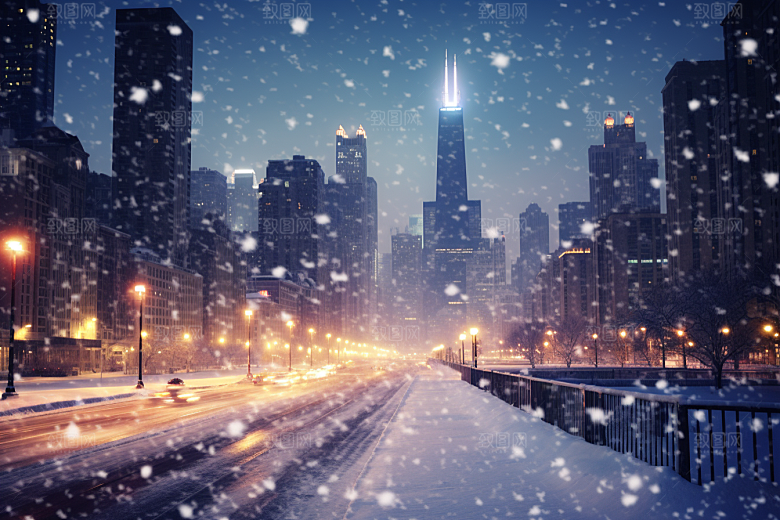 城市雪景雪夜静谧原画