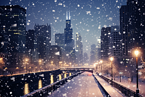 城市雪景雪夜静谧原画
