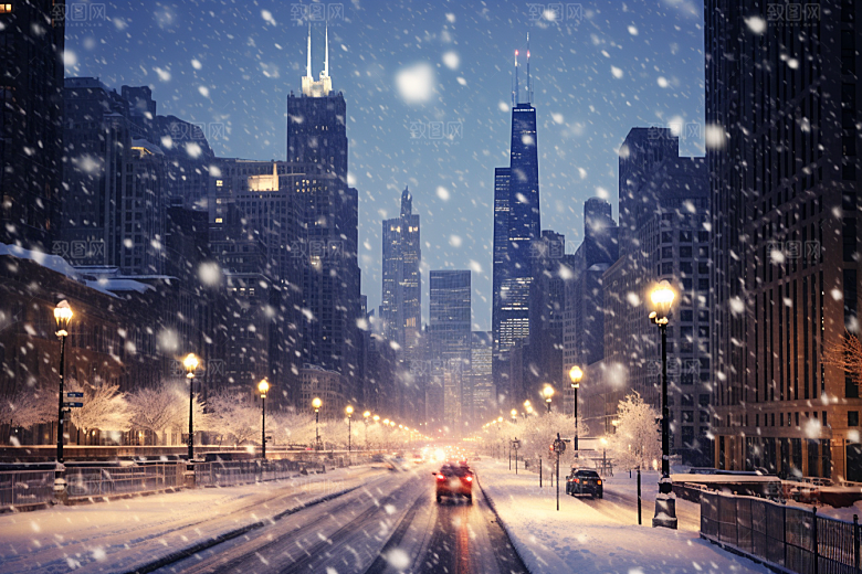 城市雪景建筑雪夜原画