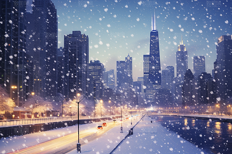 城市雪景城市街道静谧原画