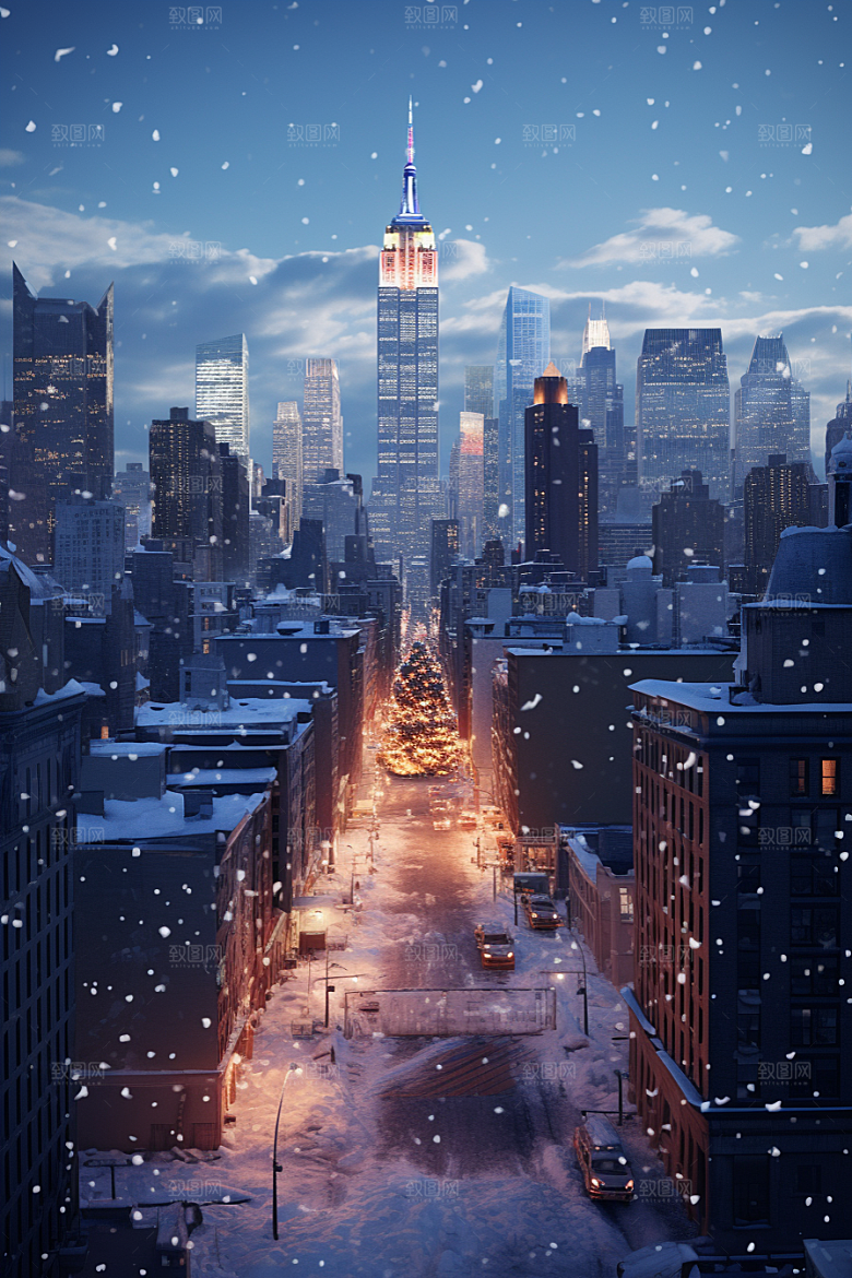 城市雪景建筑雪夜原画