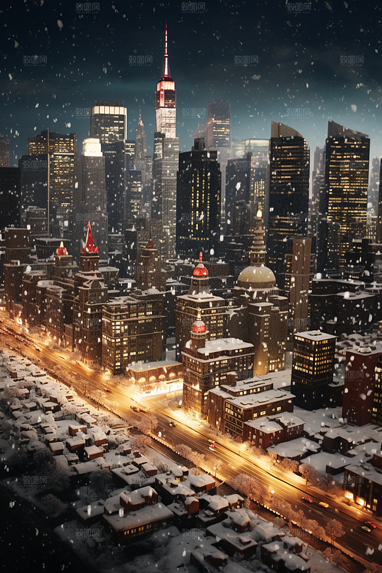 城市雪景雪夜城市街道原画