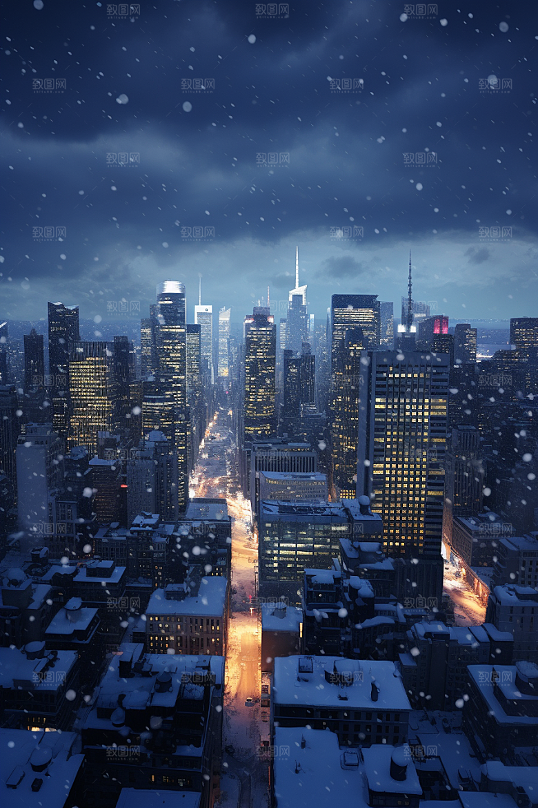 城市雪景雪夜建筑原画