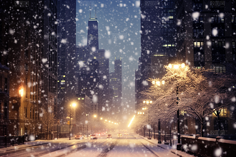 城市雪景下雪的都市城市街道原画