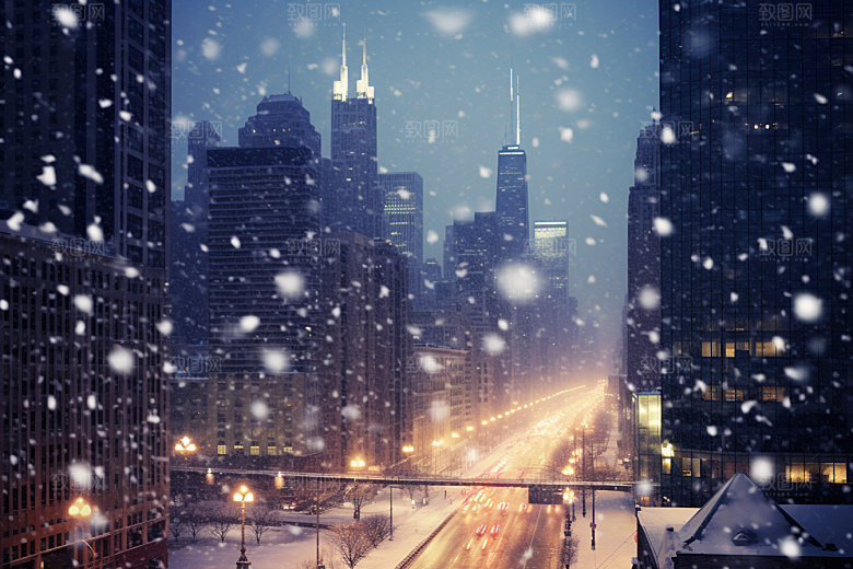 城市雪景雪夜高清原画