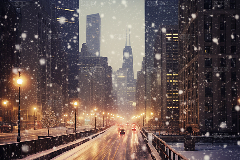 城市雪景建筑静谧原画