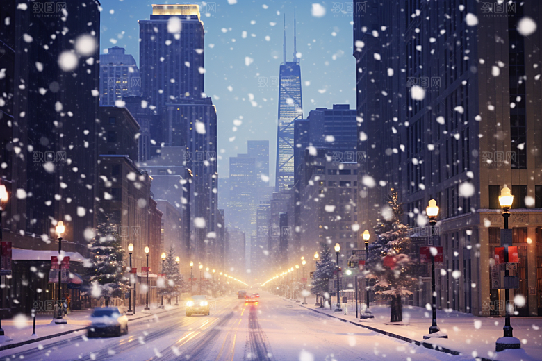 城市雪景建筑下雪的都市原画