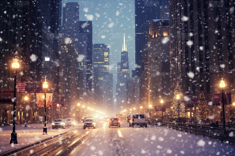 城市雪景城市街道静谧原画