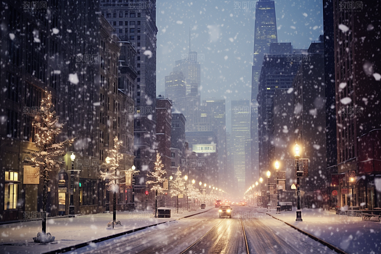 城市雪景城市街道建筑原画