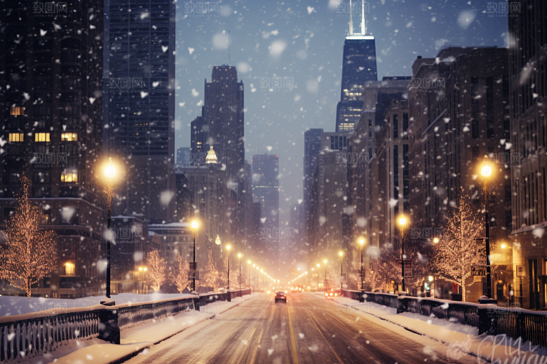 城市雪景雪夜静谧原画