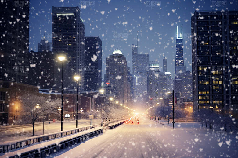 城市雪景城市街道高清原画