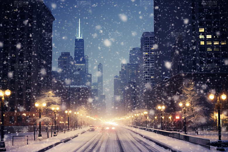 城市雪景静谧雪夜原画