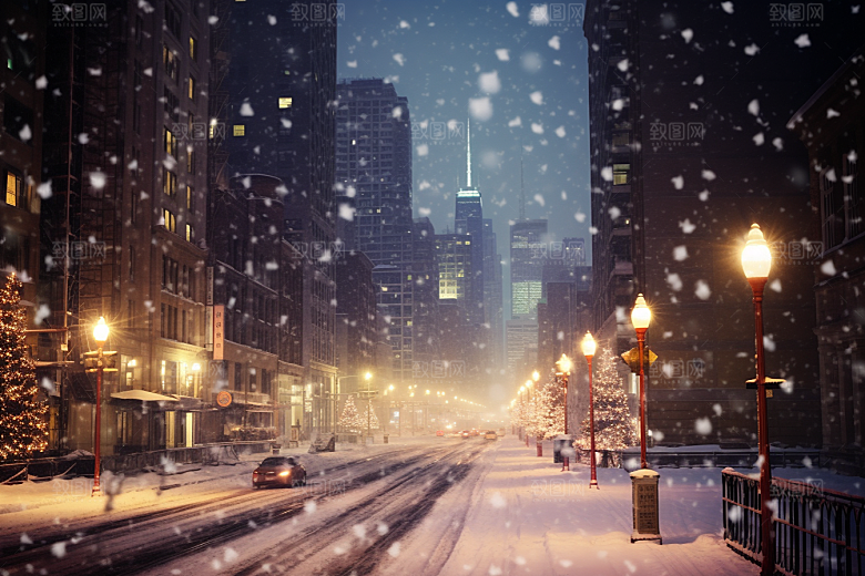 城市雪景静谧城市街道原画