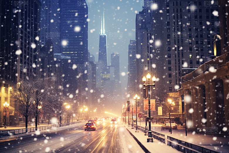 城市雪景建筑静谧原画