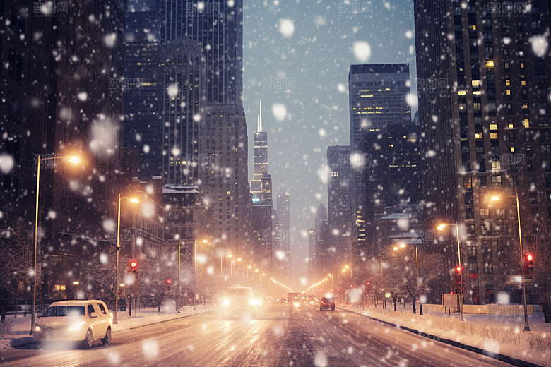 城市雪景城市街道雪夜原画