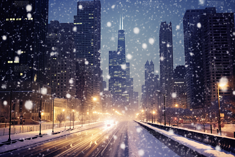 城市雪景雪夜城市街道原画