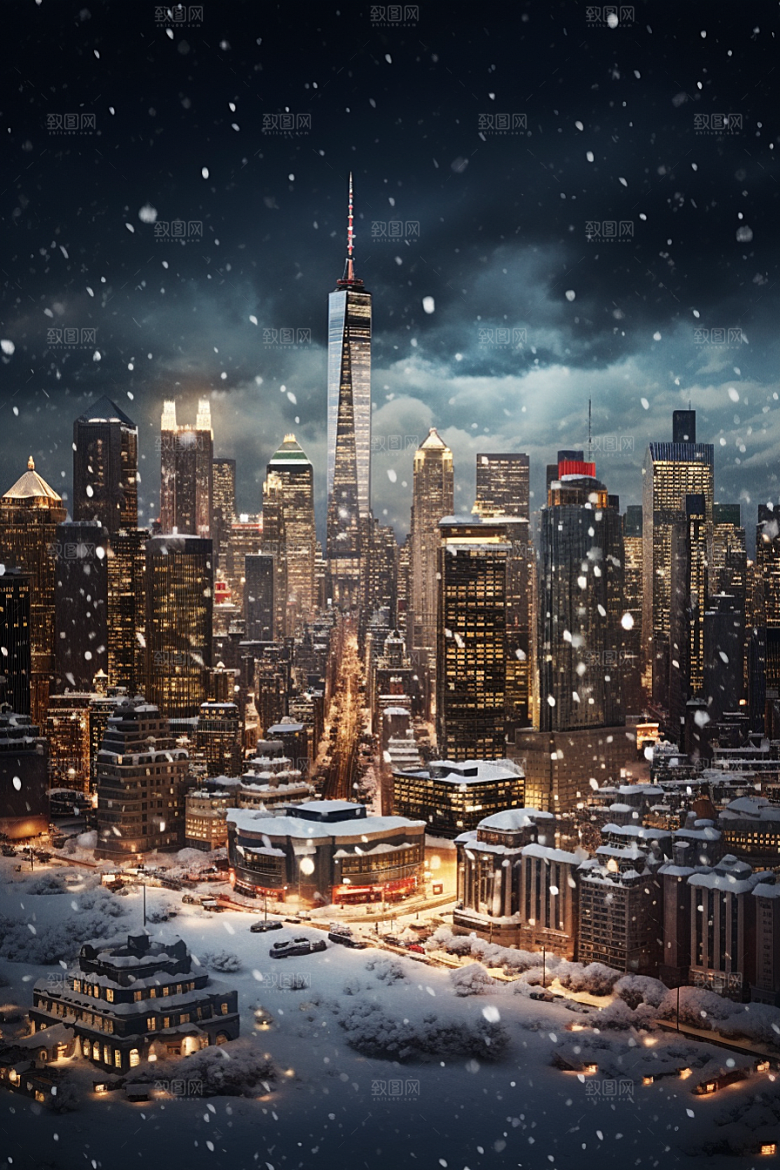 城市雪景下雪的都市建筑原画