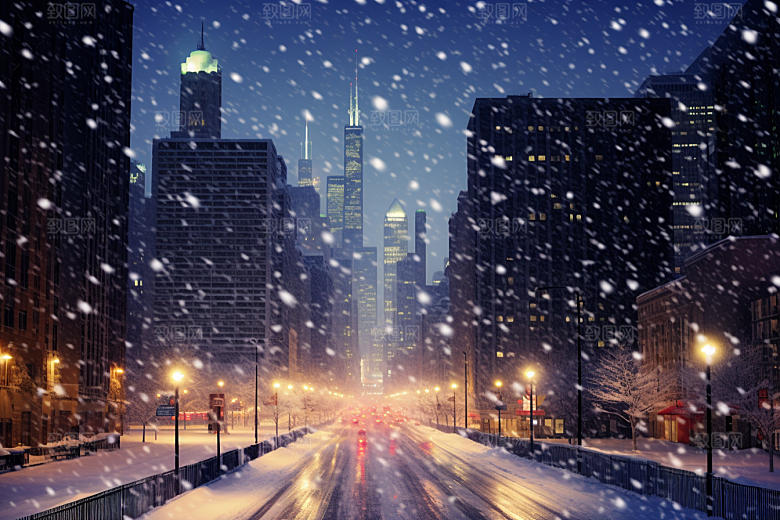 城市雪景下雪的都市城市街道原画