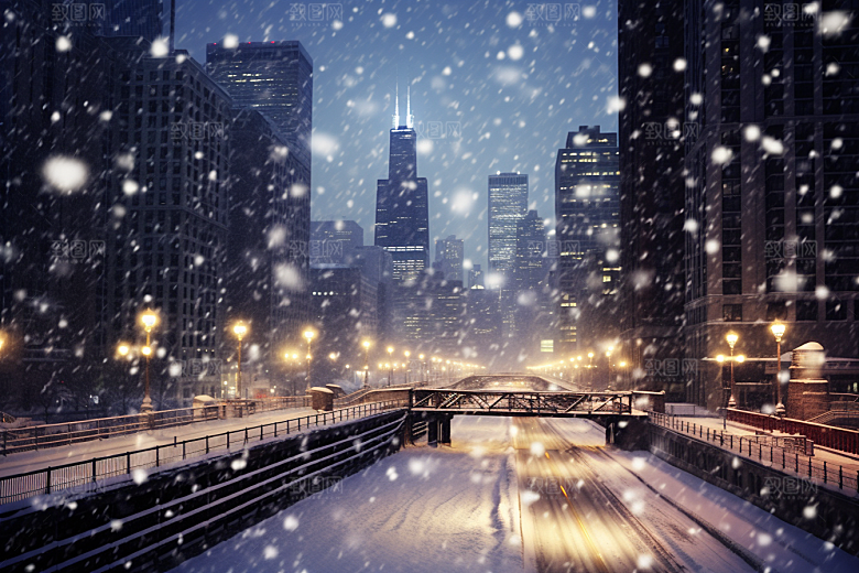 城市雪景静谧建筑原画